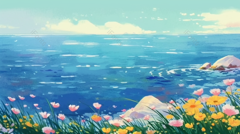 夏日鲜艳花朵蓝色海洋天空手绘,插画/手绘图,插画/手绘图库,插画/手绘图下载,插画/手绘